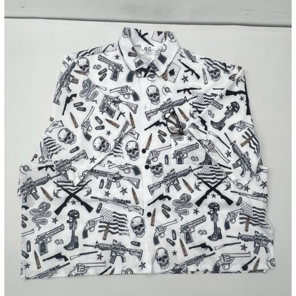 Funny Guy Mugs Gun Skull Print Shirt XXL White Graphic Button Up Men's Top - Picture 7 of 12
